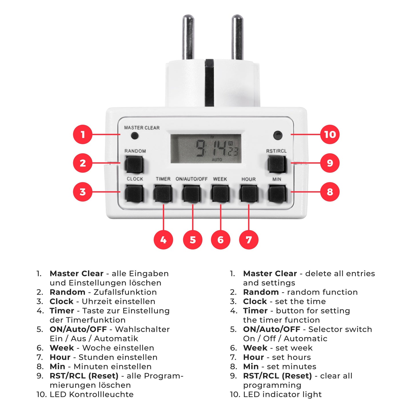 Digitale Zeitschaltuhr – 10 Programme, 16 Wochentagskombinationen, Back-up-Akku