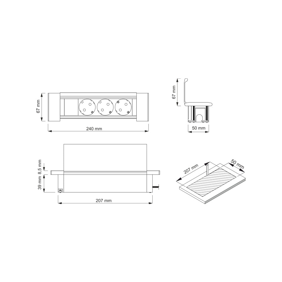 FLAT BOX Möbeleinbausteckdose mit 3 Schuko-Steckdosen, 230V AC, IP20, 39mm Höhe