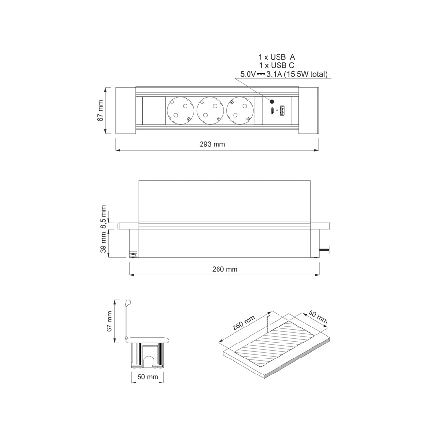 FLAT BOX Möbeleinbausteckdose mit 3 Schuko-Steckdosen und USB-Anschlüssen (Typ A & C)