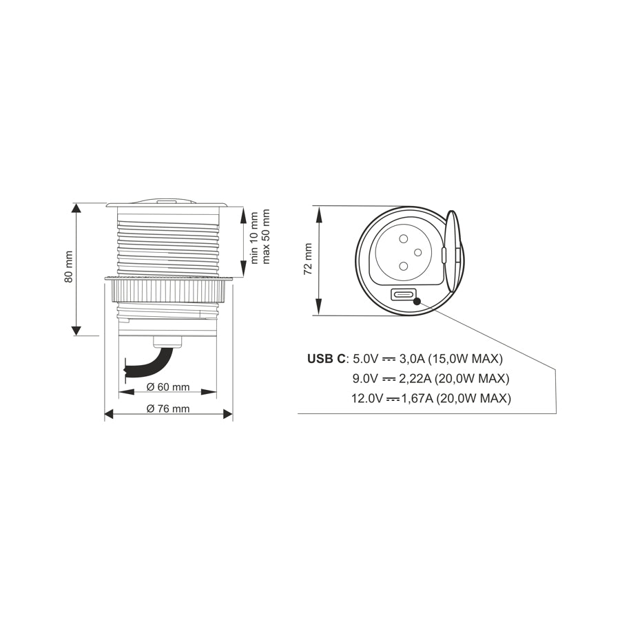 Einbausteckdose mit USB-C, schwarz, 230V AC, 3600W, IP20, Ø72mm, 1,8m Kabel