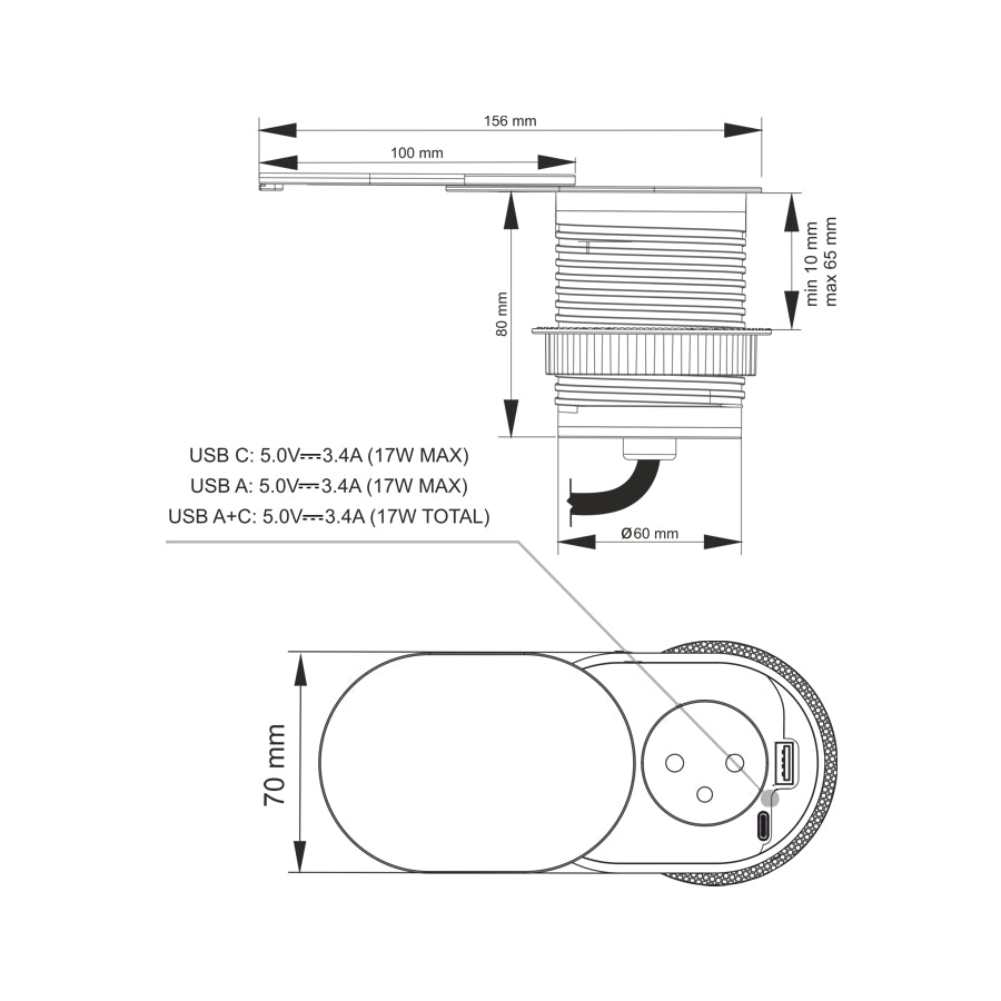 Möbel-Einbausteckdose Schwarz SCHUKO mit USB A+C, 230V, 3600W, IP20, Ø60mm